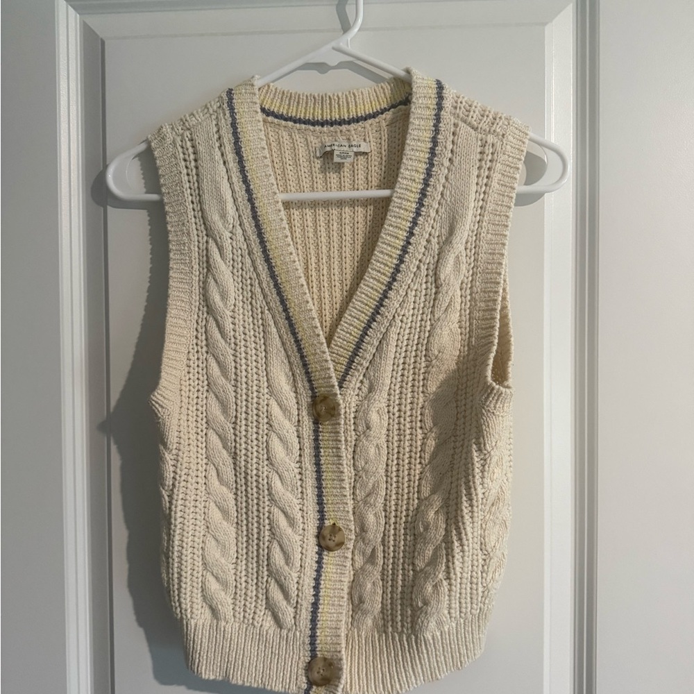 American Eagle Cream Cable Knit Button-Front Sweater Vest